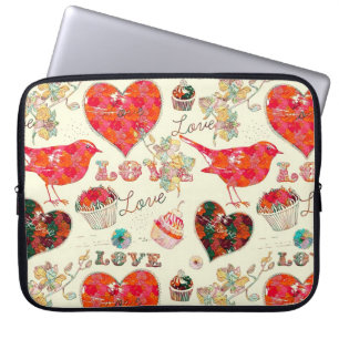 Housse Pour Ordinateur Portable Coeurs rétro Oiseaux et éléments de la Saint-Valen