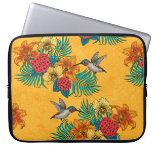 Housse Pour Ordinateur Portable Colibris et bouquet tropical en jaune