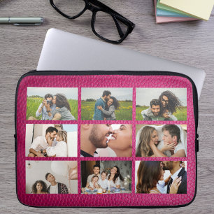 Housse Pour Ordinateur Portable Collage de 9 photos personnalisé en cuir rose mode