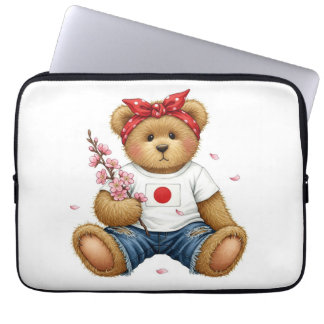 Housse Pour Ordinateur Portable Collection blanche. Teddy avec le drapeau japonais