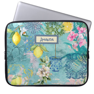 Housse Pour Ordinateur Portable Collier chic bleu turquoise sicilien agrus floral