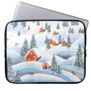 Housse Pour Ordinateur Portable Collines, maisons : aquarelle paysage