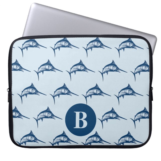 Housse Pour Ordinateur Portable Cool Blue Swordfish Motif Monogramme (Devant)