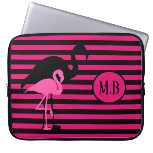 Housse Pour Ordinateur Portable Cool Flamant rose noir et rose rayures Monogramme