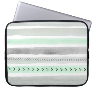 Housse Pour Ordinateur Portable Cool Vert clair gris d'aquarelle rayures Motif