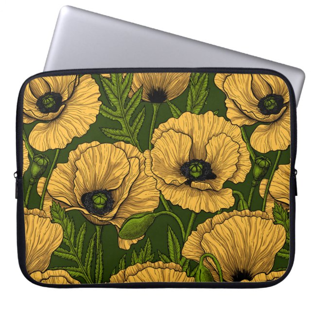 Housse Pour Ordinateur Portable Coquelicots jaunes sur vert foncé (Devant)
