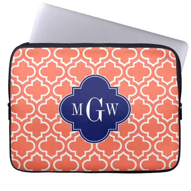 Housse Pour Ordinateur Portable Corail Blanc Marocain #6 Marine 3 Monogramme initi (Devant)