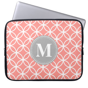 Housse Pour Ordinateur Portable Coral rose Cercles modernes Gris Monogramme