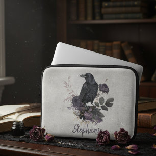 Housse Pour Ordinateur Portable Corbeau gothique personnalisé Fleur sombre