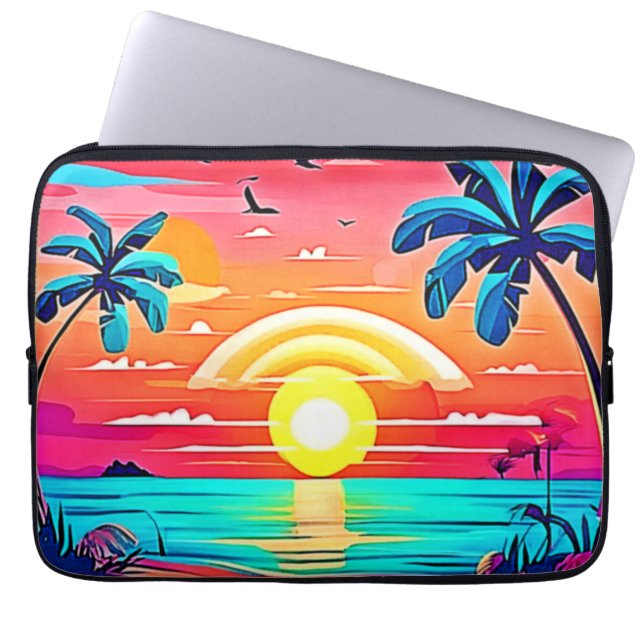 Housse Pour Ordinateur Portable Coucher de soleil de plage tropical avec arc-en-ci (Devant)