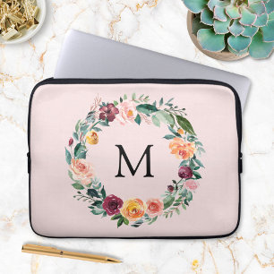 Housse Pour Ordinateur Portable Couronne de fleurs de rose de monogramme d'automne