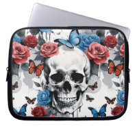 Crâne avec Roses et papillons en rouge et bleu