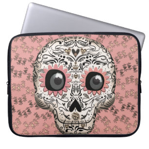 Housse Pour Ordinateur Portable Crâne de sucre rose et or et cœurs fantaisistes mi