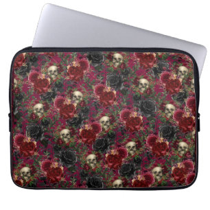 Housse Pour Ordinateur Portable Crâne gothique vintage et Rose rouge et noir