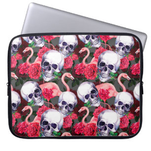 Housse Pour Ordinateur Portable Crâne humain avec flamants et fleurs de rose rouge