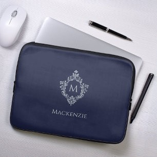 Housse Pour Ordinateur Portable Crest Marine Bleu Vintage Élégant Monogramme et no