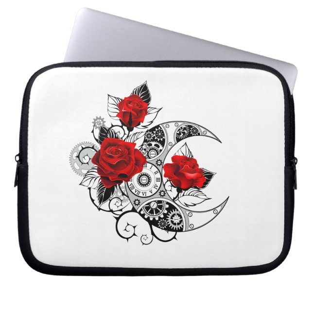 Housse Pour Ordinateur Portable Croissant mécanique avec roses rouges (Devant)