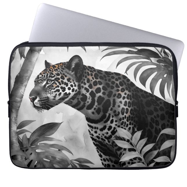 Housse Pour Ordinateur Portable Croquis Botanique Jaguar noir et blanc (Devant)