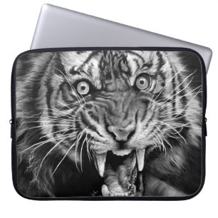 Housse Pour Ordinateur Portable Croquis d'un tigre sauvage en noir et blanc, white