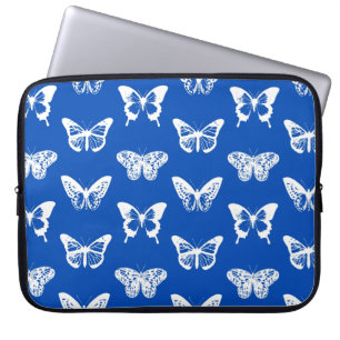 Housse Pour Ordinateur Portable Croquis papillon, bleu cobalt et blanc