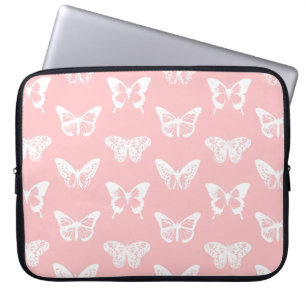 Housse Pour Ordinateur Portable Croquis papillon, rose coquille et blanc