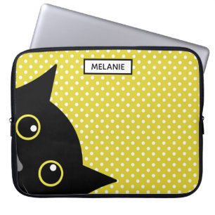 Housse Pour Ordinateur Portable Curieux Chat Noir Polka Jaune Point Personnalisé