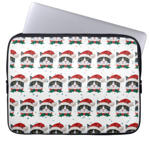 Housse Pour Ordinateur Portable Cute Black and White Cat With Santa Hat Christmas