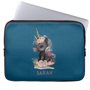 Housse Pour Ordinateur Portable Cute Black Unicorn with Flowers Watercolor Unicorn