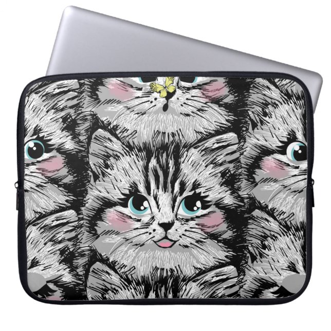 Housse Pour Ordinateur Portable Cute chaton en furie face motif sans couture. Illu (Devant)