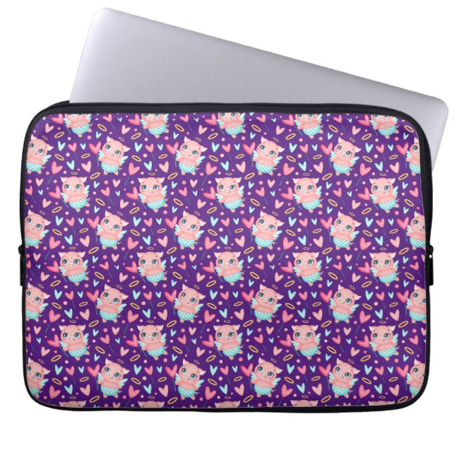 Housse Pour Ordinateur Portable Cute Cupid Cochon Whit Hearts Motif (Devant)