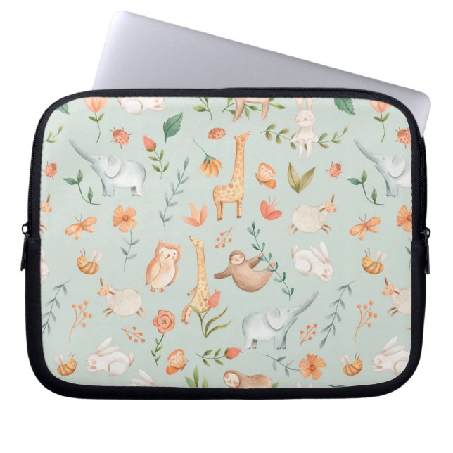 Housse Pour Ordinateur Portable Cute Turquoise bébé animal Pastel Motif (Devant)