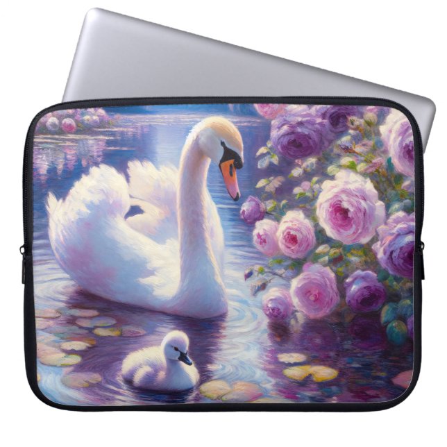 Housse Pour Ordinateur Portable Cygnet blanc avec Roses violets (Devant)