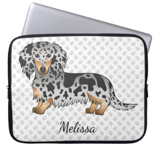 Housse Pour Ordinateur Portable Dachshund à poil long noir et tan panaché & Nom