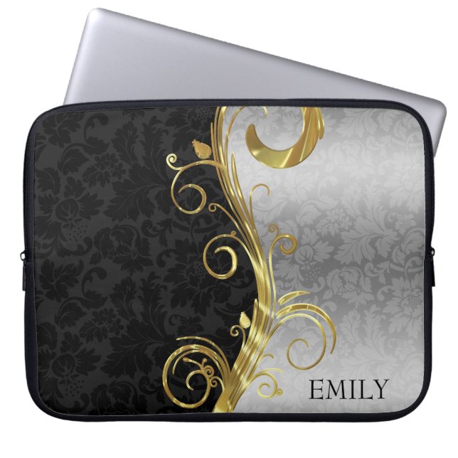 Housse Pour Ordinateur Portable Damas Et Fils Noirs Et Argent (Devant)