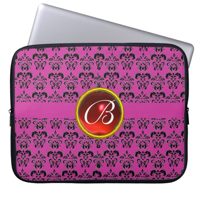 Housse Pour Ordinateur Portable DAMASK GEM STONE MONOGRAM violet rouge noir (Devant)