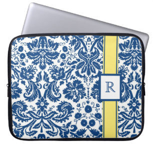 Housse Pour Ordinateur Portable Damassé florale de citron bleu fait sur commande