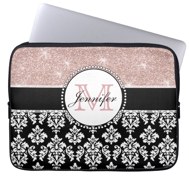 Housse Pour Ordinateur Portable Damassé rose Girly de noir de parties (Devant)