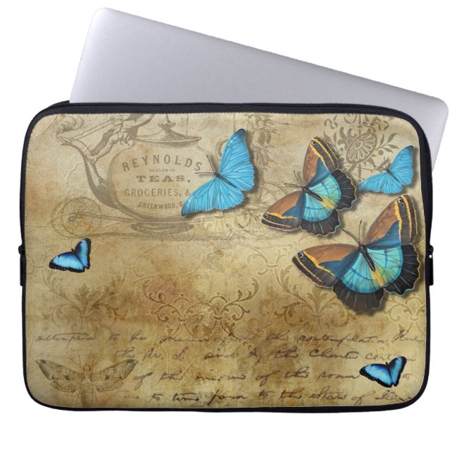 Housse Pour Ordinateur Portable Découpage rustique antique et papillons bleus (Devant)