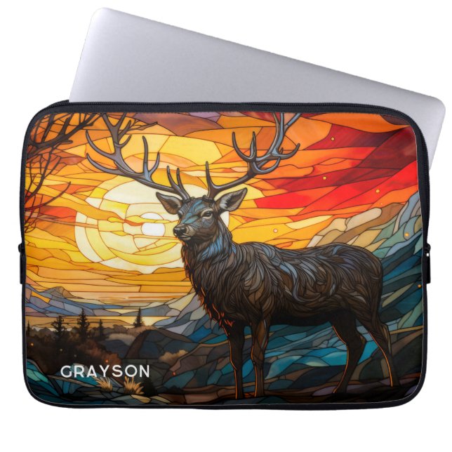 Housse Pour Ordinateur Portable Deer Sunset Woodland Mountains Nom personnalisé (Devant)