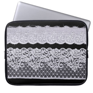 Housse Pour Ordinateur Portable Dentelle blanche ornementale, arrière - plan noir