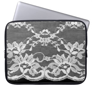 Housse Pour Ordinateur Portable Dentelle florale blanche sur un arrière - plan noi