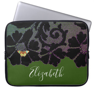 HOUSSE POUR ORDINATEUR PORTABLE DENTELLE NOIRE AVEC PAPILLON DANS MANCHON EN NEOPR