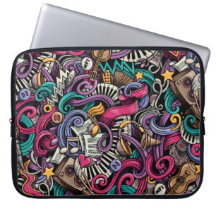 Housse Pour Ordinateur Portable Dessin Musical : Doodle Coloré Sans Couleur.