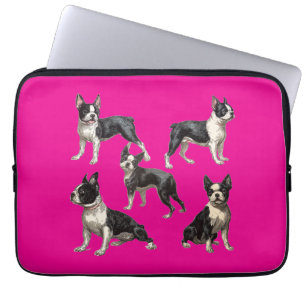 Housse Pour Ordinateur Portable Dessins vintage de Boston Terrier sur fond rose ch