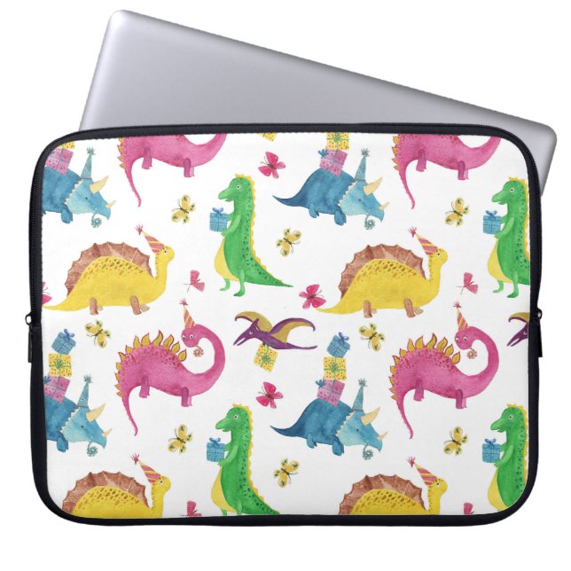 Housse Pour Ordinateur Portable Dinosaure party : motif aquarelle. (Devant)
