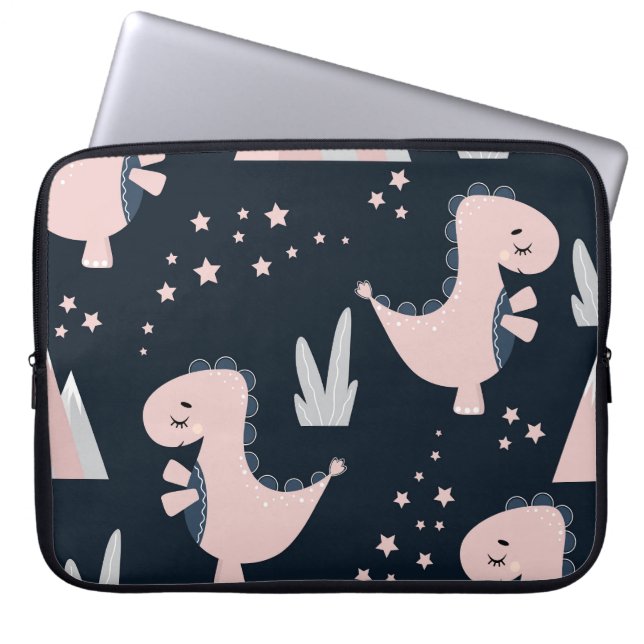 Housse Pour Ordinateur Portable dinosaures roses, arrière - plan sombre, mignonett (Devant)
