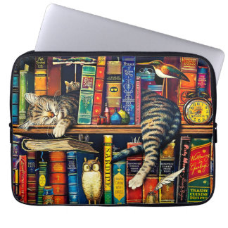 Housse Pour Ordinateur Portable Dormir de chat dans la bibliothèque, coloré