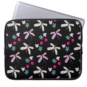 Housse Pour Ordinateur Portable Dragonflies et Fleurs sur le noir