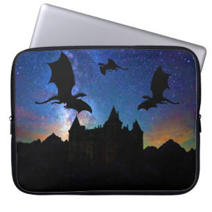 Housse Pour Ordinateur Portable Dragons volant, château étoilé de minuit de dragon