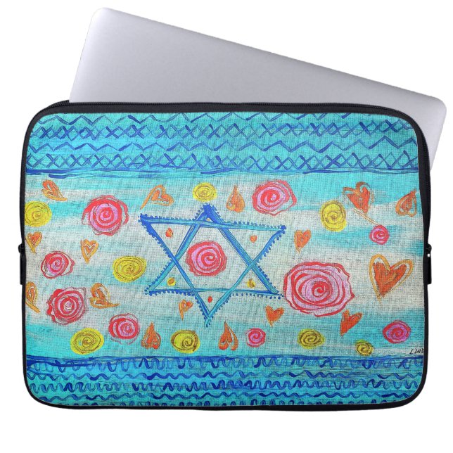 Housse Pour Ordinateur Portable Drapeau israélien lunaire avec fleurs & coeurs (Devant)